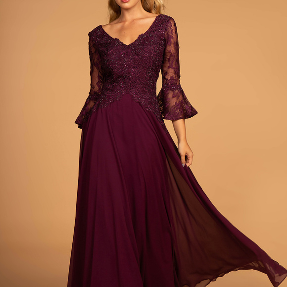 gls collective Dresses & Skirts - Lace Bodice 3/4 Sleeve Chiffon Long Dress GL2521